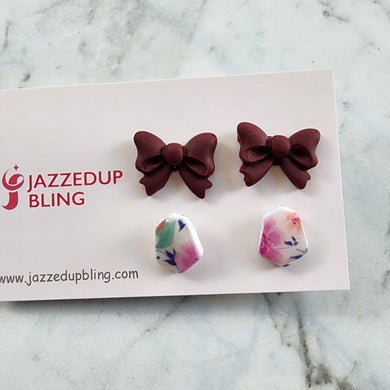 Handmade polymer clay stud pack with berry bow and floral marble designs – Jazzed Up Bling.