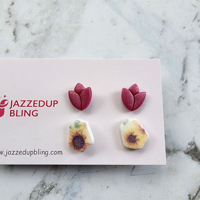 Handmade polymer clay stud pack with berry flower and sunflower designs – Jazzed Up Bling.