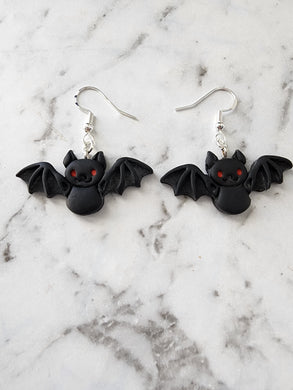Black bat Halloween dangle earrings with sterling silver hooks – handmade spooky jewellery from NZ