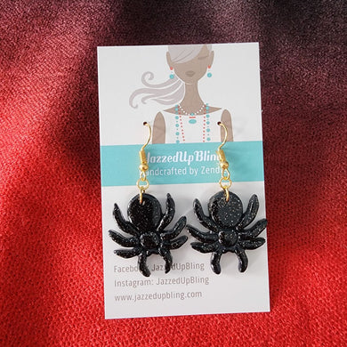 Handmade black glitter spider dangle earrings by Jazzed Up Bling
