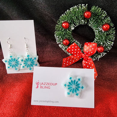 Handmade blue snowflake earrings and brooch – polymer clay Christmas jewelry by Jazzed Up Bling