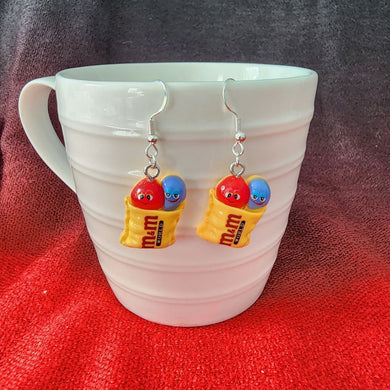 Final clearance – Chocolate candy in bag, red, blue, yellow, resin dangle earrings, lightweight and affordable.