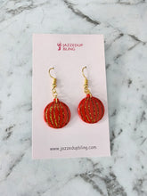 Load image into Gallery viewer, Handmade polymer clay Christmas bauble earrings in red with gold glitter

