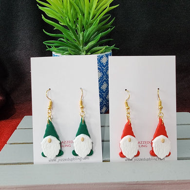 Handmade Christmas gnome earrings in red and green hats – festive holiday jewelry with optional sterling silver hooks.
