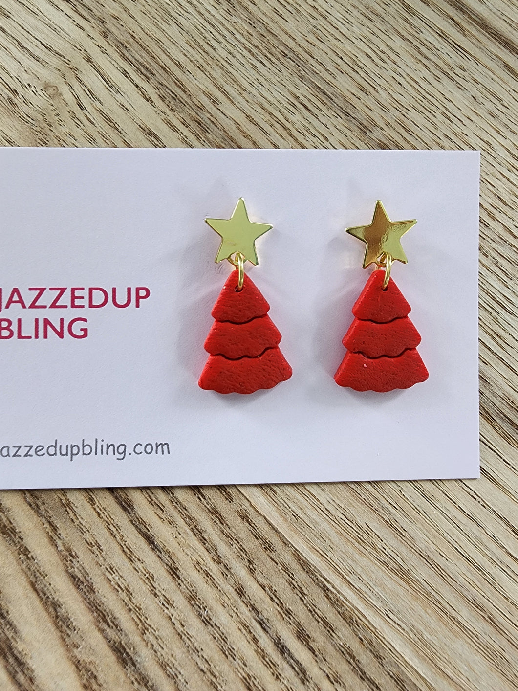 Dark red Christmas tree stud earrings with gold star by Jazzed Up Bling