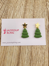 Load image into Gallery viewer, Green Christmas tree polymer clay stud earrings with gold star
