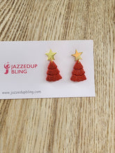 Load image into Gallery viewer, Matte red glitter Christmas tree stud earrings handcrafted by Jazzed Up Bling
