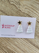 Load image into Gallery viewer, White Christmas tree stud earrings topped with gold brass star

