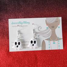 Load image into Gallery viewer, Handmade classic ghost Halloween earrings – polymer clay spooky jewelry NZ.
