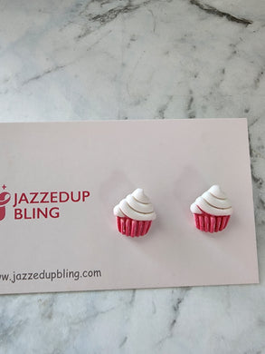 Handmade pink cupcake stud earrings by Jazzed Up Bling – polymer clay cupcake with white frosting.