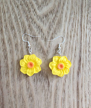 Load image into Gallery viewer, Yellow daffodil earrings with orange center on silver hooks – handmade floral jewelry
