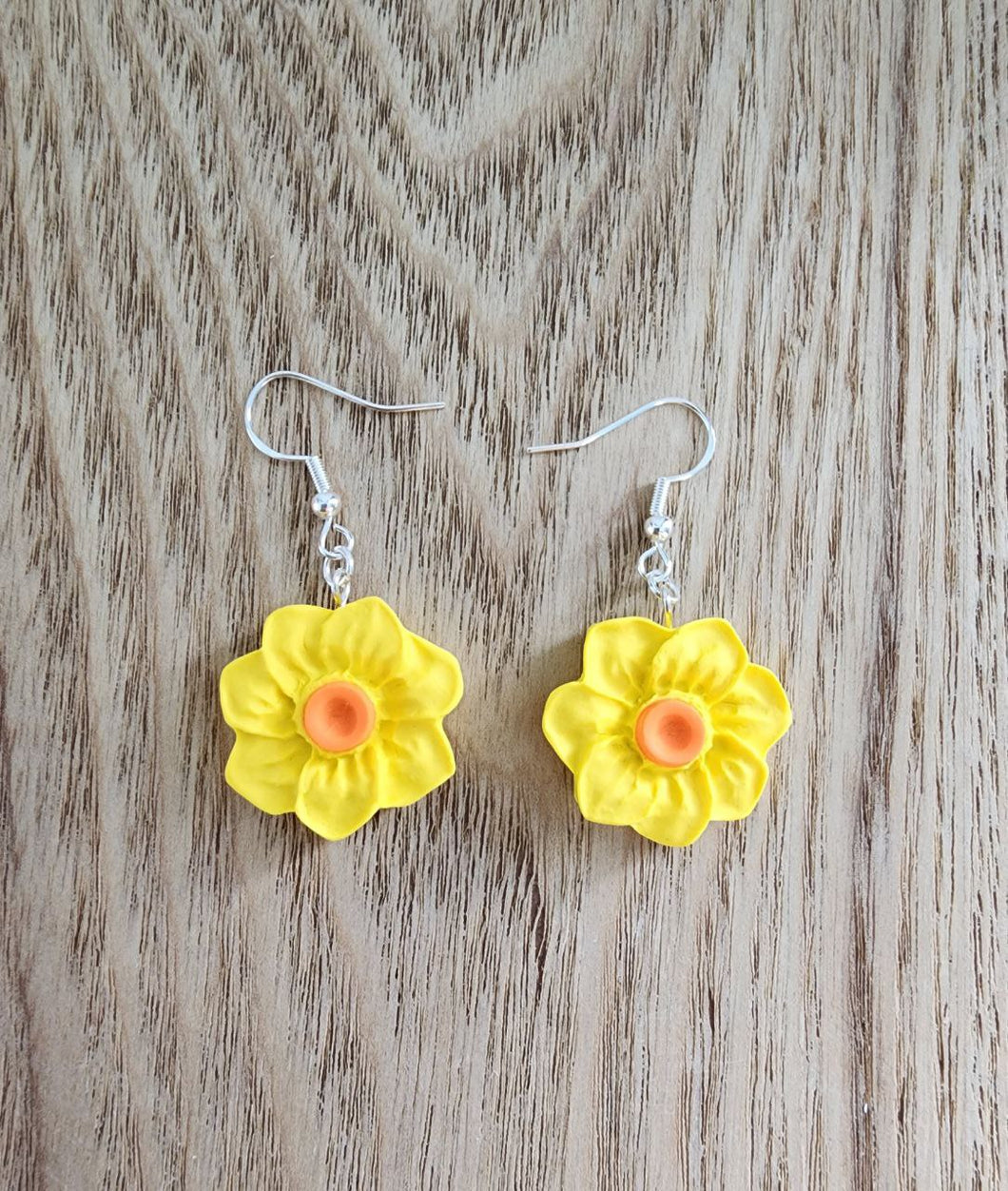 Yellow daffodil earrings with orange center on silver hooks – handmade floral jewelry
