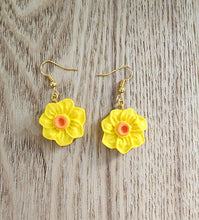 Load image into Gallery viewer, Yellow daffodil earrings with orange center on gold hooks – handmade floral jewelry
