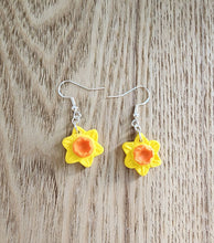 Load image into Gallery viewer, Yellow daffodil earrings with orange center on silver hooks – handmade floral jewelry
