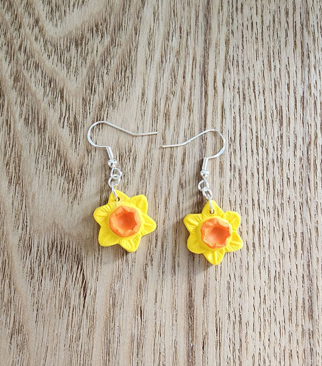 Yellow daffodil earrings with orange center on silver hooks – handmade floral jewelry