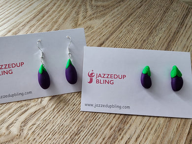 Handmade eggplant dangle or stud earrings by Jazzed Up Bling – polymer clay purple and green veggie design.