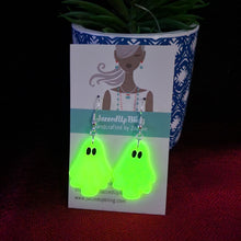 Load image into Gallery viewer, Handmade glow-in-the-dark ghost Halloween dangle earrings – spooky polymer clay jewelry NZ.

