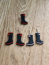 Load image into Gallery viewer, Handmade gumboot earrings and brooch with red and pink trim
