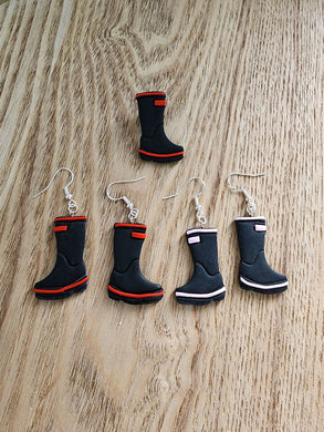Handmade gumboot earrings and brooch with red and pink trim