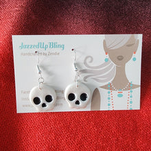 Load image into Gallery viewer, Handmade skull Halloween earrings with white faces and black eyes – Jazzed Up Bling NZ
