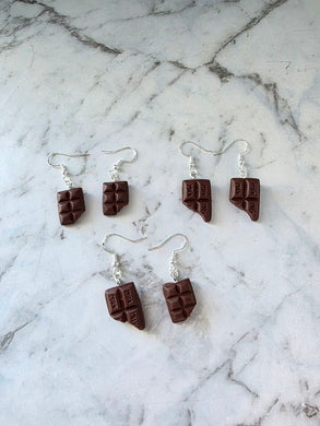 Chocolate bar earrings in three quirky styles – Square, Milk, and Mismatched – fun handmade statement jewellery by Jazzed Up Bling NZ