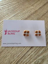 Load image into Gallery viewer, Stud Hot Cross Bun earrings with raisins – handmade food jewelry
