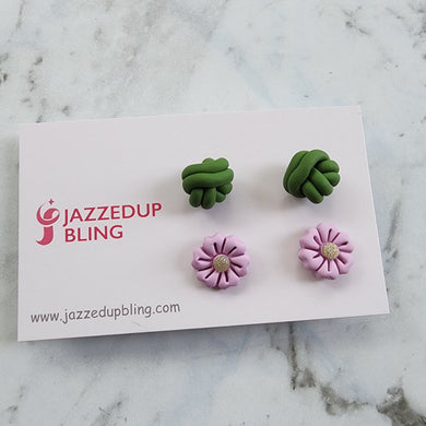 Handmade polymer clay stud pack with green knot and lilac flower designs – Jazzed Up Bling.