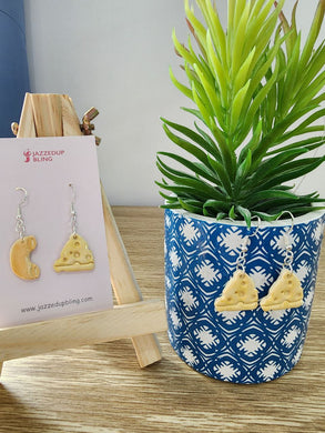 Fun Mac and Cheese earrings for food lovers, handcrafted from polymer clay