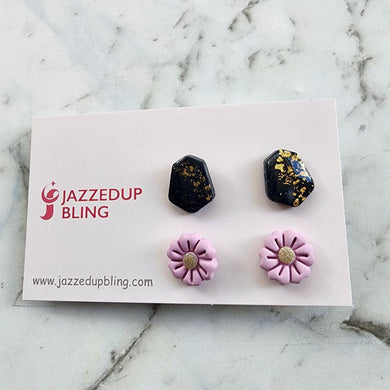 Handmade polymer clay stud pack with black and gold geometric and lilac floral designs – Jazzed Up Bling.