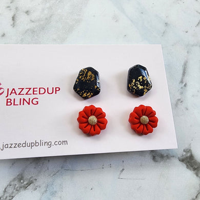 Handmade polymer clay stud pack with black and gold marble and red flower designs – Jazzed Up Bling.