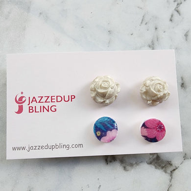 Pearl rose and floral pattern polymer clay stud earrings from Jazzed Up Bling, handmade in New Zealand.