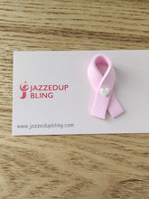 Load image into Gallery viewer, Handmade pink ribbon brooch with small white heart – breast cancer awareness jewelry
