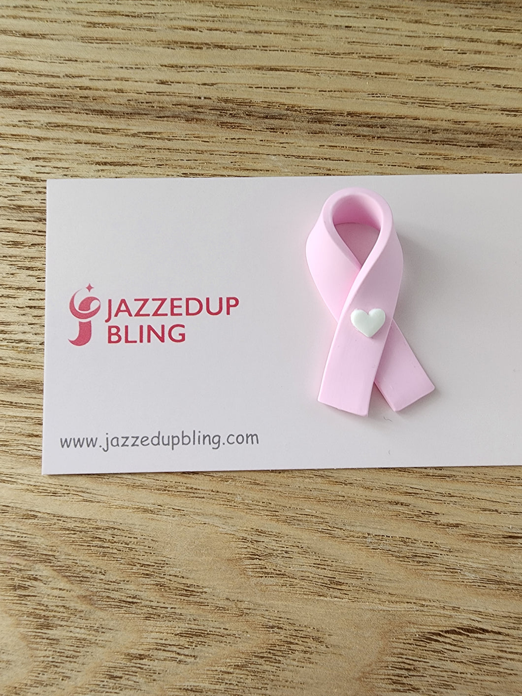 Handmade pink ribbon brooch with small white heart – breast cancer awareness jewelry