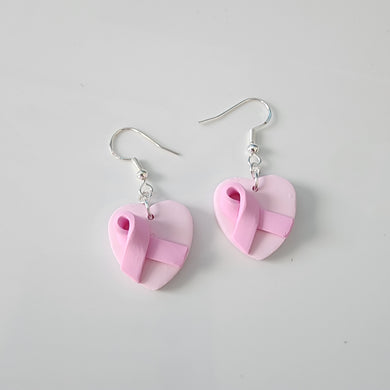 Handmade pink ribbon heart earrings – breast cancer awareness jewelry