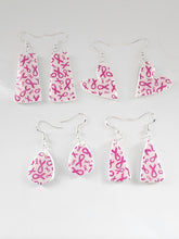 Load image into Gallery viewer, Handmade pink ribbon polymer clay earrings in rectangle, heart, teardrop, and triangle shapes – breast cancer awareness jewelry by Jazzed Up Bling
