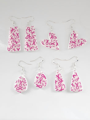 Handmade pink ribbon polymer clay earrings in rectangle, heart, teardrop, and triangle shapes – breast cancer awareness jewelry by Jazzed Up Bling