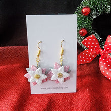 Load image into Gallery viewer, Pink and white poinsettia Christmas earrings with gold-colored copper hooks
