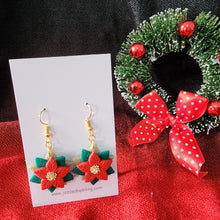 Load image into Gallery viewer, Red and green poinsettia Christmas earrings with gold-colored copper hooks
