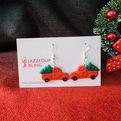 Handmade red Christmas truck polymer clay earrings with green tree