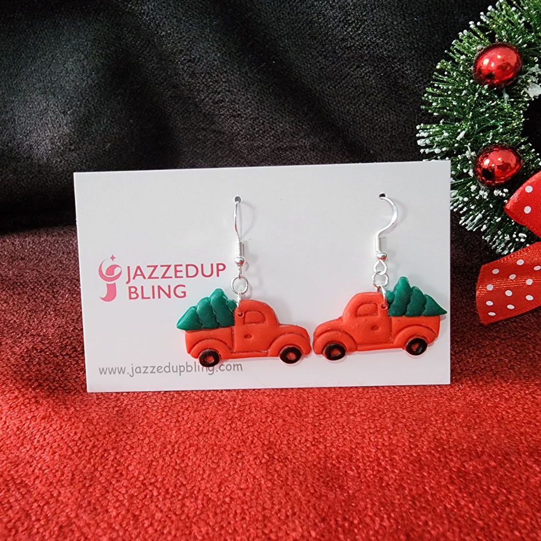 Handmade red Christmas truck polymer clay earrings with green tree