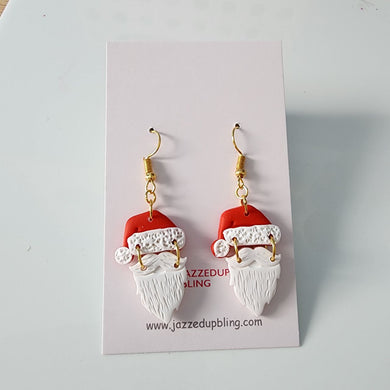 Handmade Santa Claus Christmas earrings with red hats and white beards – festive holiday jewelry by Jazzed Up Bling NZ