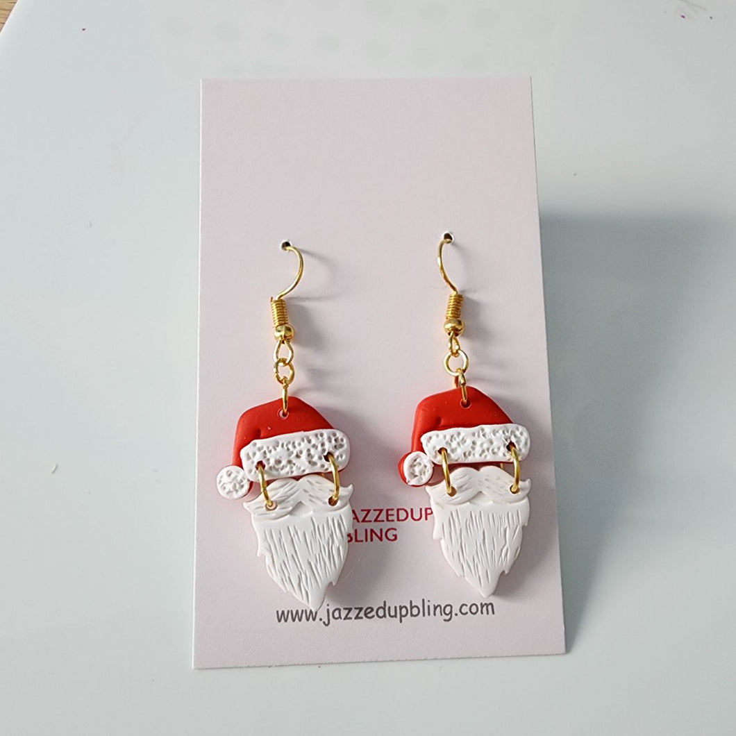 Handmade Santa Claus Christmas earrings with red hats and white beards – festive holiday jewelry by Jazzed Up Bling NZ