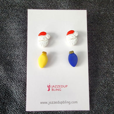 Santa and Christmas light stud earrings with stainless steel posts on Jazzed Up Bling card