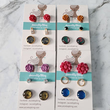 Load image into Gallery viewer, Handmade polymer clay and vinyl wrap combo stud earrings from Jazzed Up Bling, featuring four unique colour sets.
