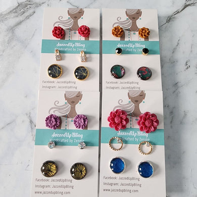 Handmade polymer clay and vinyl wrap combo stud earrings from Jazzed Up Bling, featuring four unique colour sets.