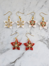 Load image into Gallery viewer, Handmade Snowflake Lantern Christmas earrings in red and white with rhinestone snowflakes and gem accents, festive holiday jewelry with gold hooks.
