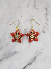 Load image into Gallery viewer, Handmade Snowflake Lantern Christmas earrings in red glitter with gem snowflake details and copper hooks, festive handmade holiday jewelry.
