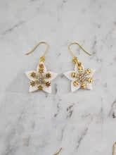 Load image into Gallery viewer, Handmade Snowflake Lantern Christmas earrings in white with jeweled star accents and copper hooks, elegant holiday jewelry.
