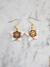 Load image into Gallery viewer, Handmade Snowflake Lantern Christmas earrings in white with rhinestone snowflake charms and copper hooks, festive holiday jewelry.
