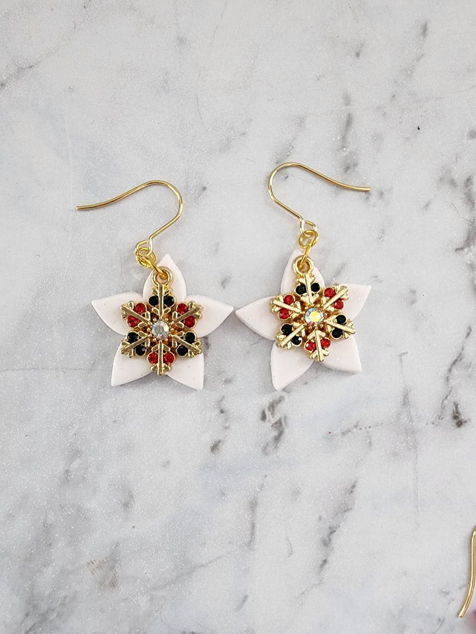 Handmade Snowflake Lantern Christmas earrings in white with rhinestone snowflake charms and copper hooks, festive holiday jewelry.
